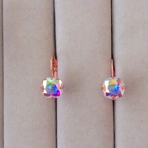 Aurora Borealis + Rose Gold Cushion Cut Crystal Drop Earrings